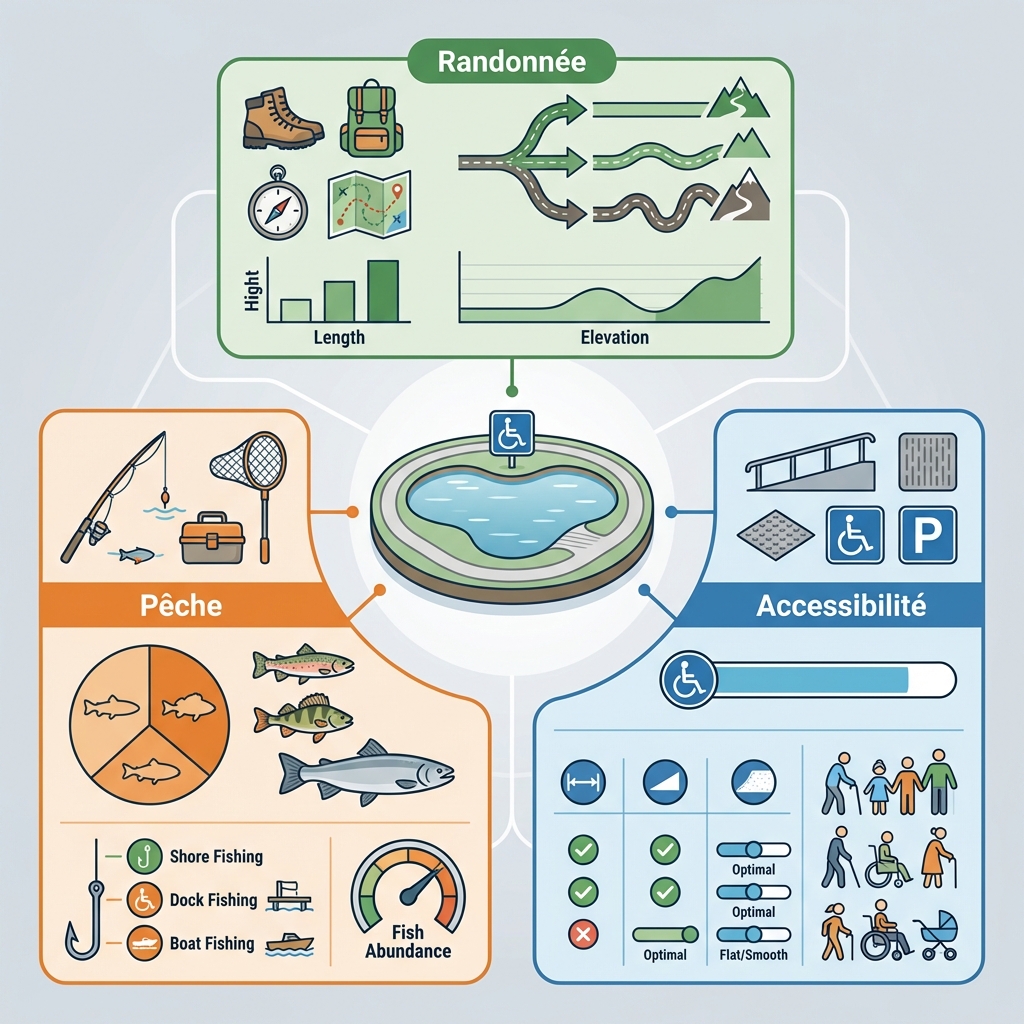 Infographie lac accessible randonnée pêche