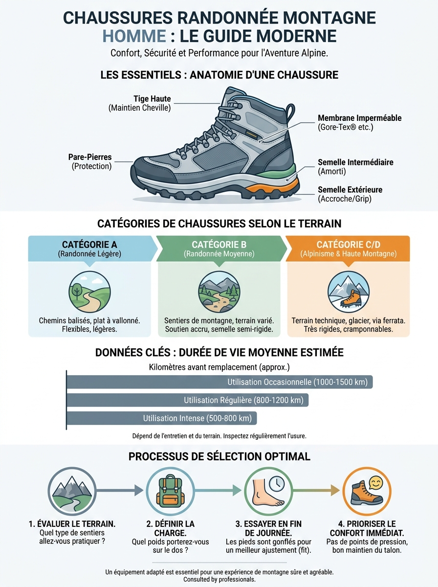Infographie chaussures randonnée montagne homme