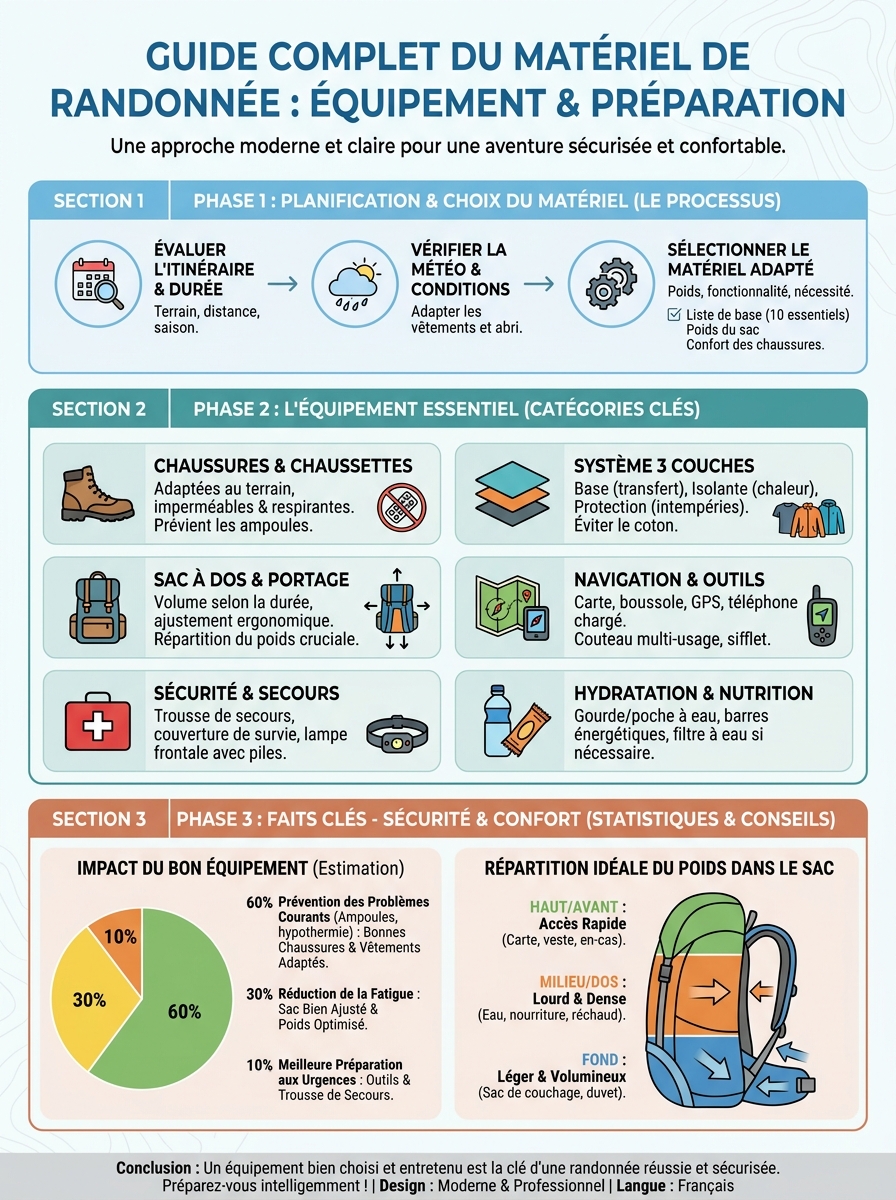 Infographie matériel randonnée guide complet équipement
